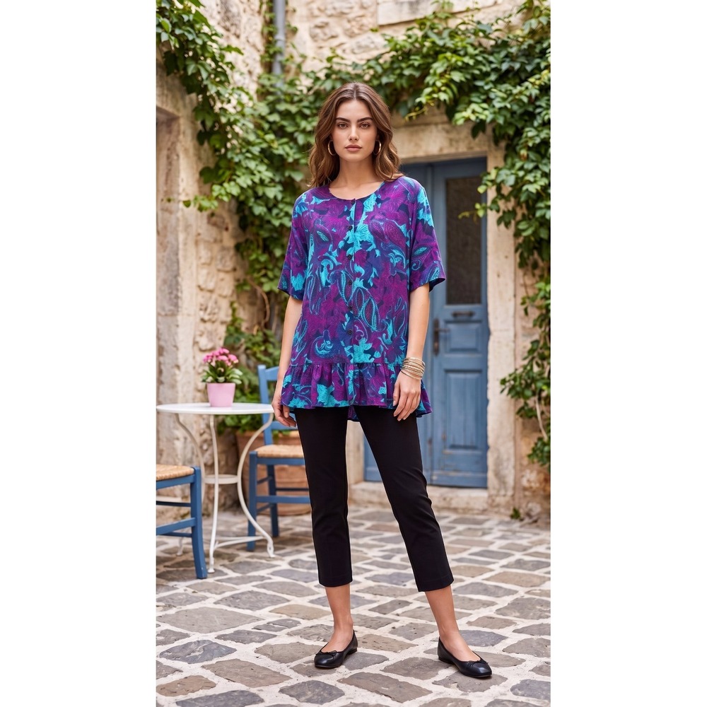 Vintage 90s Purple Teal Floral Tunic Boho Babydoll Short Sleeve L